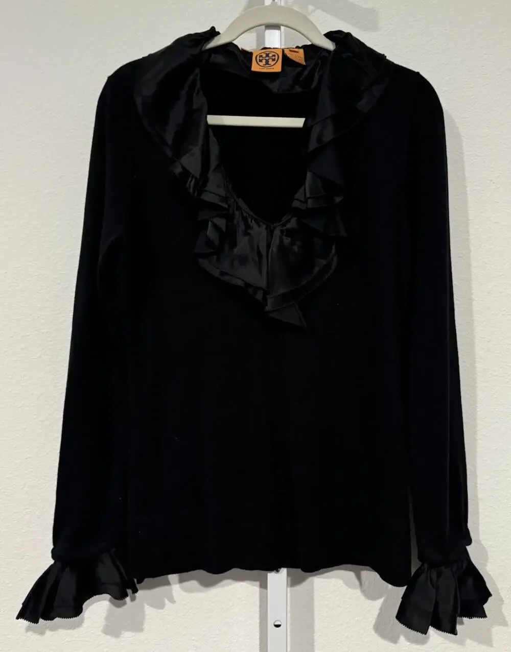 Tory Burch Black V-Neck Sweater with Removable Silk Collar and Cuffs Size L